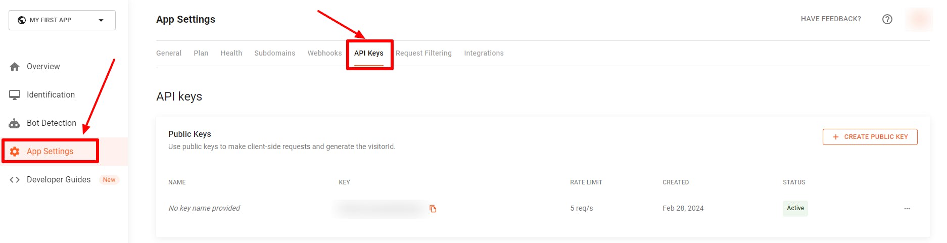 Fingerprint Pro dashboard showing API key settings