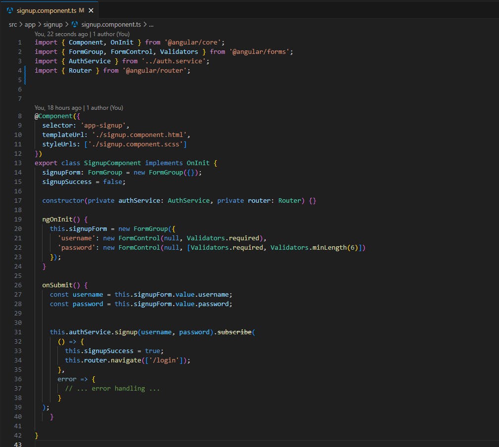 Screenshot of TypeScript code for a signup component. It includes imports for Angular core, forms, and router, initializes a form with username and password fields, and handles form submission with authentication service integration.