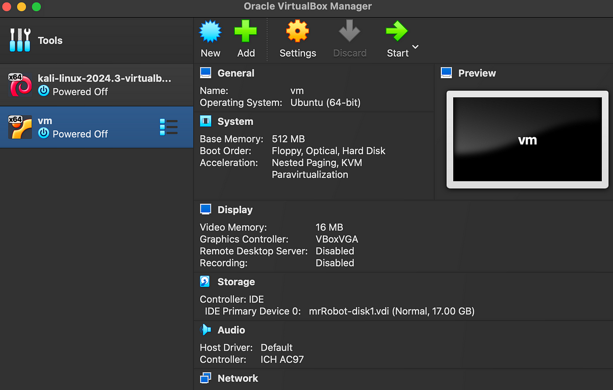 Virtualbox home with attack and target machines