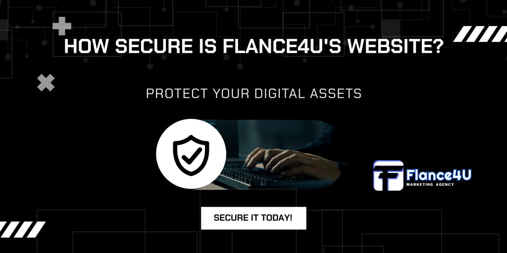 Promotional graphic for Flance4U's website security services, featuring a keyboard with hands typing, a shield icon, and text asking about website security. There's a call to action saying "Secure it today!"