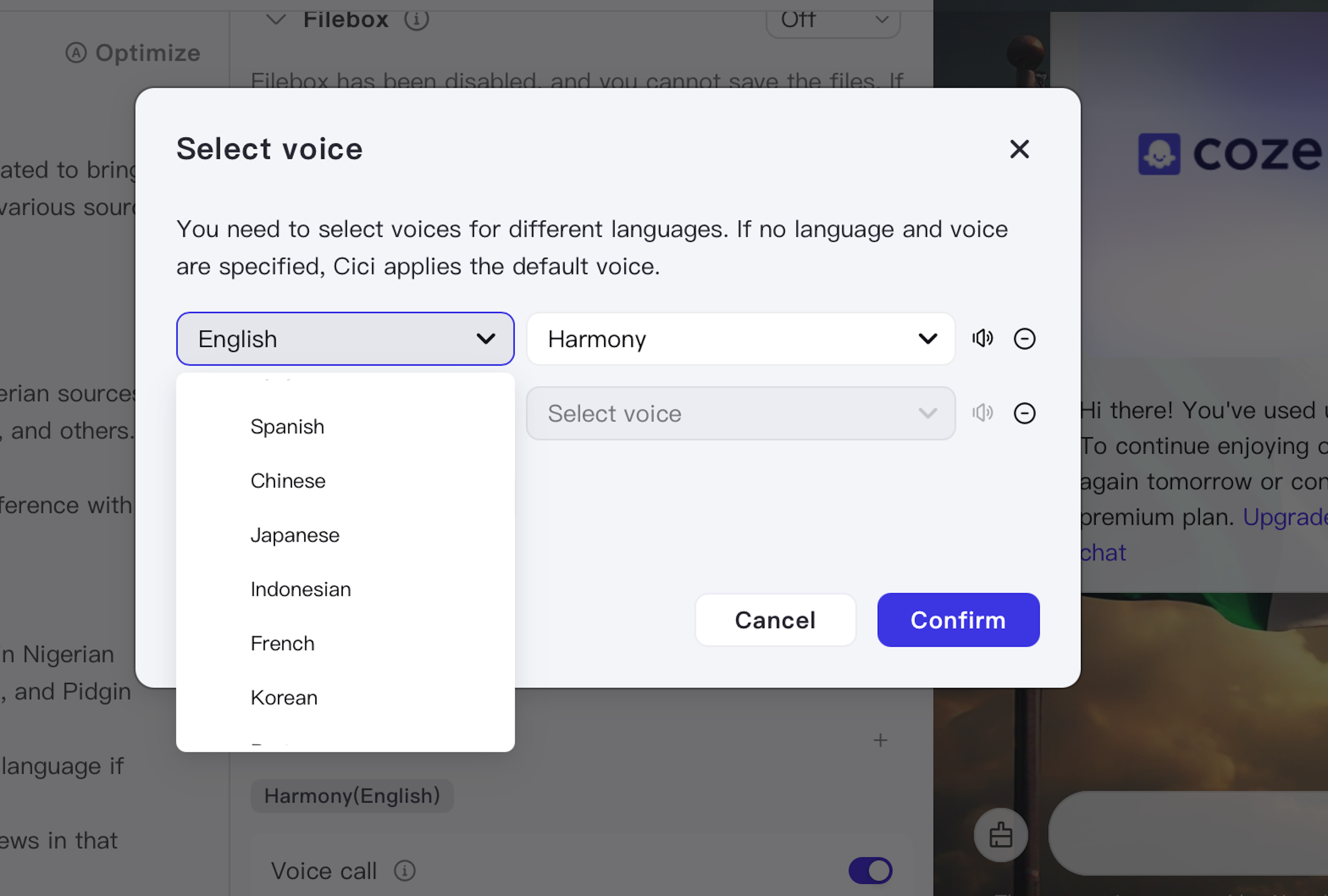 A pop-up window titled "Select voice" allows users to choose different languages and voices. The current selection shows English and Harmony. Additional languages in the dropdown list include Spanish, Chinese, and more. There are "Cancel" and "Confirm" buttons at the bottom.