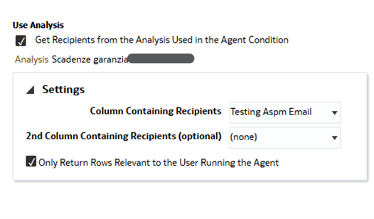 Figure 7. Settings to return rows relevant to the recipient user listed in the analysis column