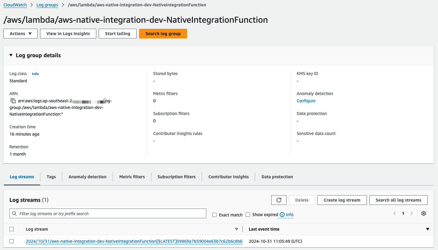 Screenshot of CloudWatch dashboard with correct logs created