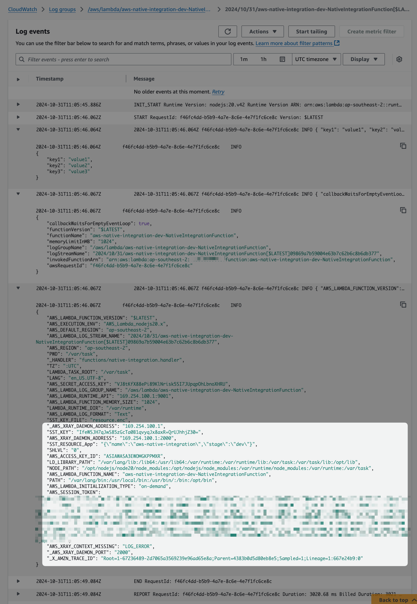 Screenshot of log event with correct X-Ray configuration injected by AWS Lambda service