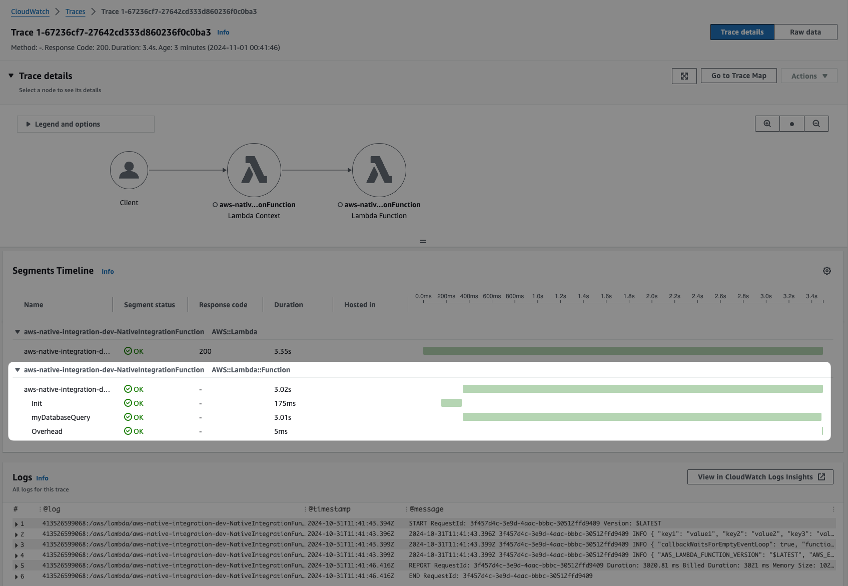 Screenshot of tracing detail in X-Ray showing the correct 3 seconds timeline for our custom segment