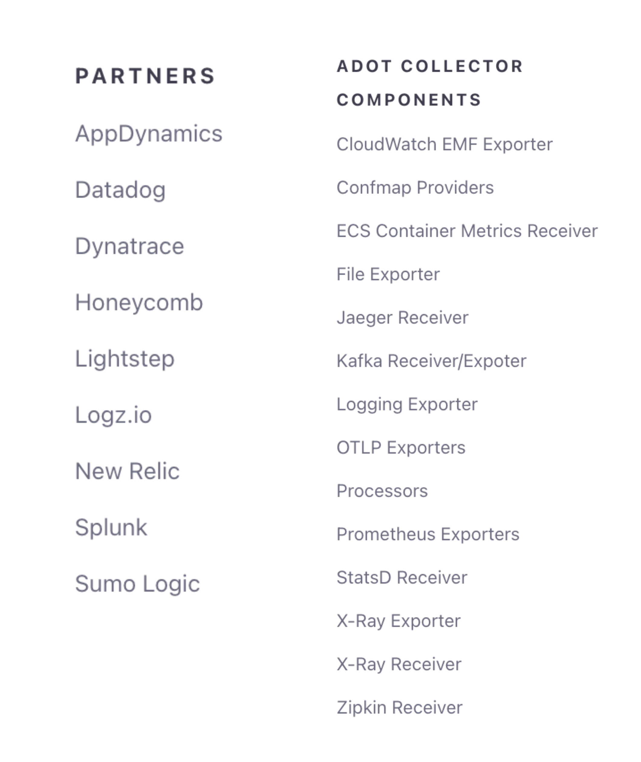 List of Collectors and Destinations that AWS Distro for OpenTelemetry supports. Including Datadog, Dynatrace, New Relic, Prometheus Exporters, StatsD Receiver.