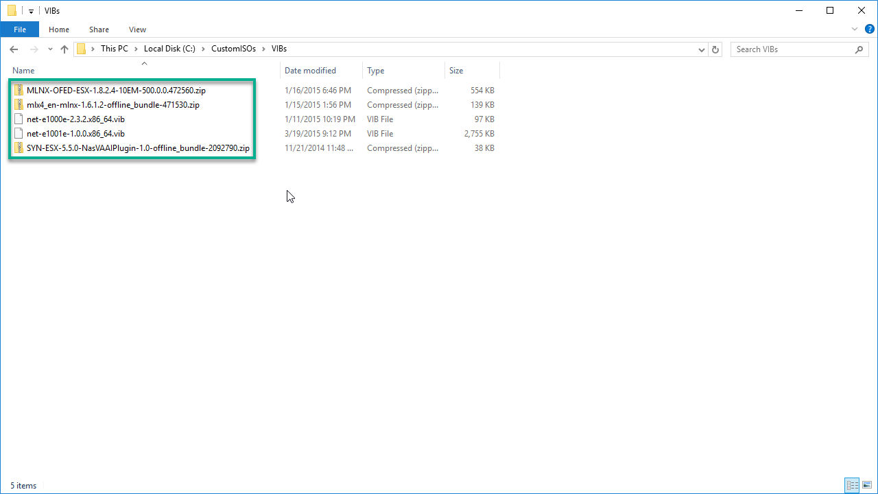 A screenshot of a file explorer showing a folder containing five files. The files are primarily compressed ZIP and VIB files, with names related to ESX and network drivers. The files have various sizes and dates modified listed.