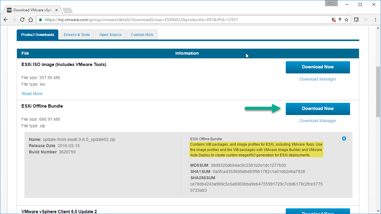 Screenshot of a VMware download page showing available downloads for ESXi, including an ISO image and an offline bundle. Files sizes are listed, with options to "Download Now."