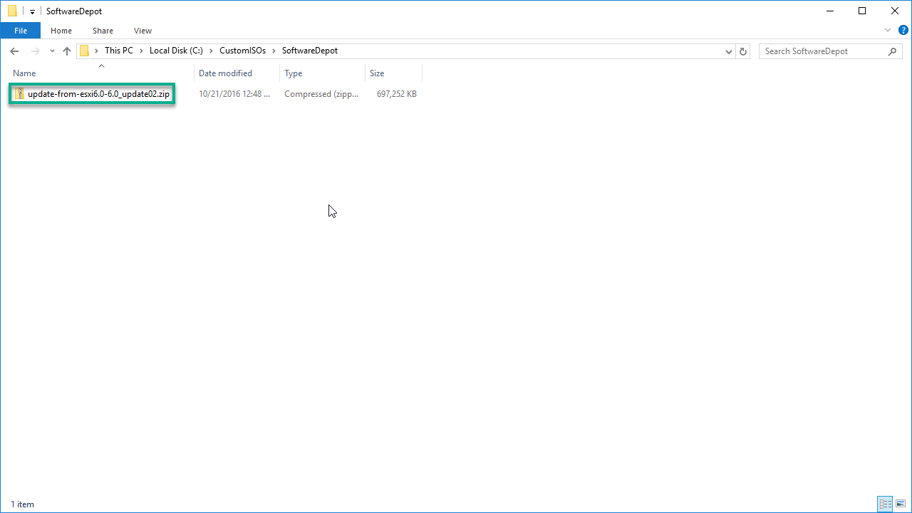 A Windows Explorer window displaying a folder named "SoftwareDepot" containing a single file, "update-from-esxi6.0-6.0_update02.zip," which is a compressed zip file of size 697,252 KB.