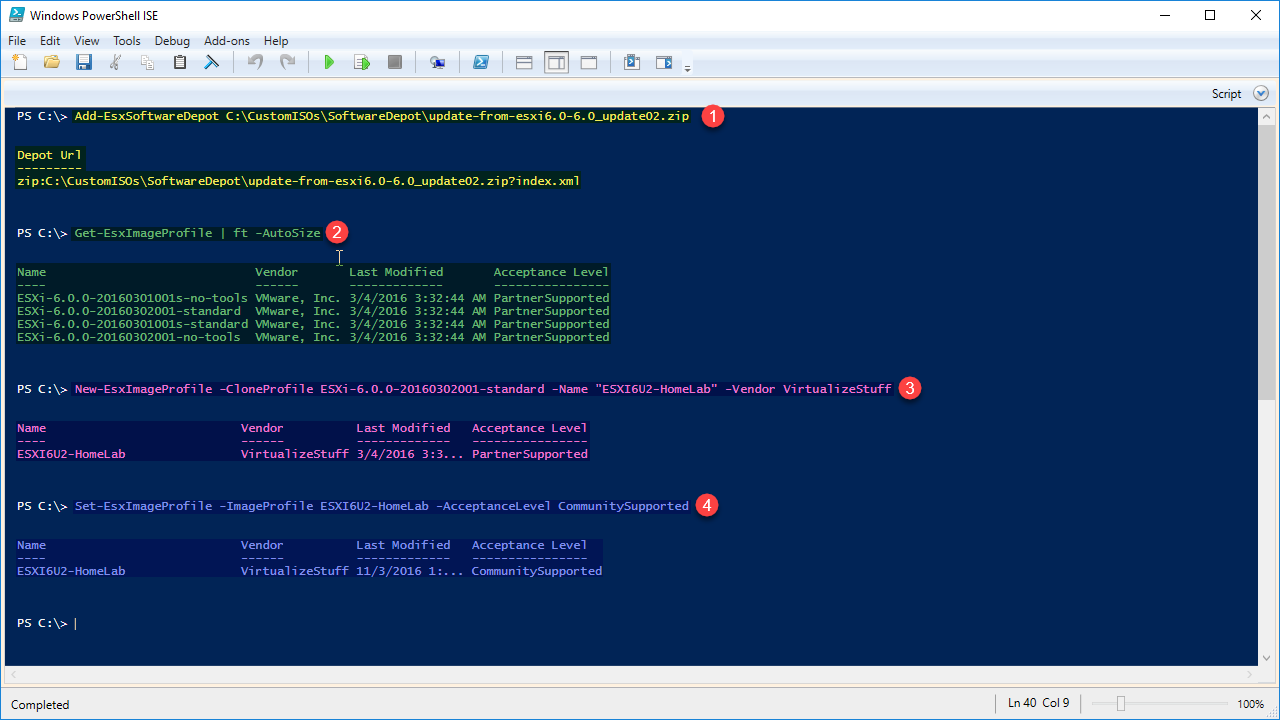 Screenshot of Windows PowerShell ISE displaying commands related to ESXi image profiles. The commands show adding a software depot, listing ESXi image profiles, cloning an image profile with specific parameters, and setting the acceptance level for a profile.