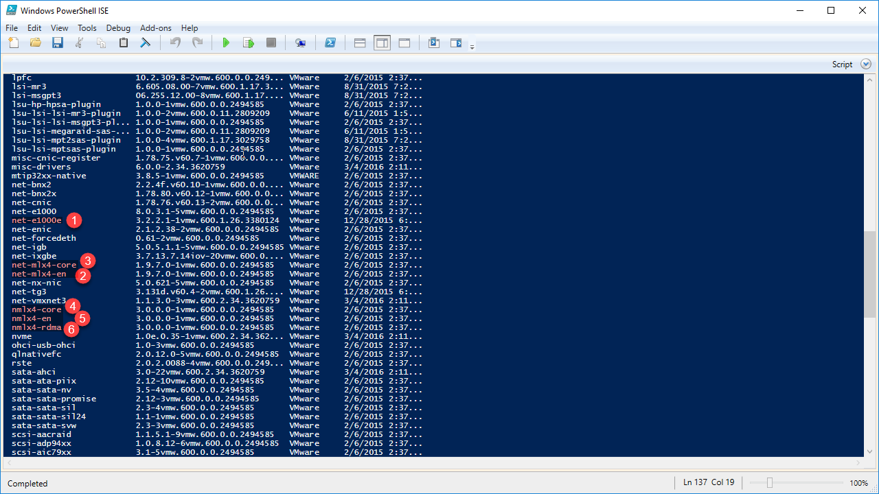 Screenshot of a Windows PowerShell ISE window displaying a list of driver names, versions, vendors, and installation dates. Several items are highlighted with red circles on the left side, including "net-ixgbe" and "net-vmxnet3."