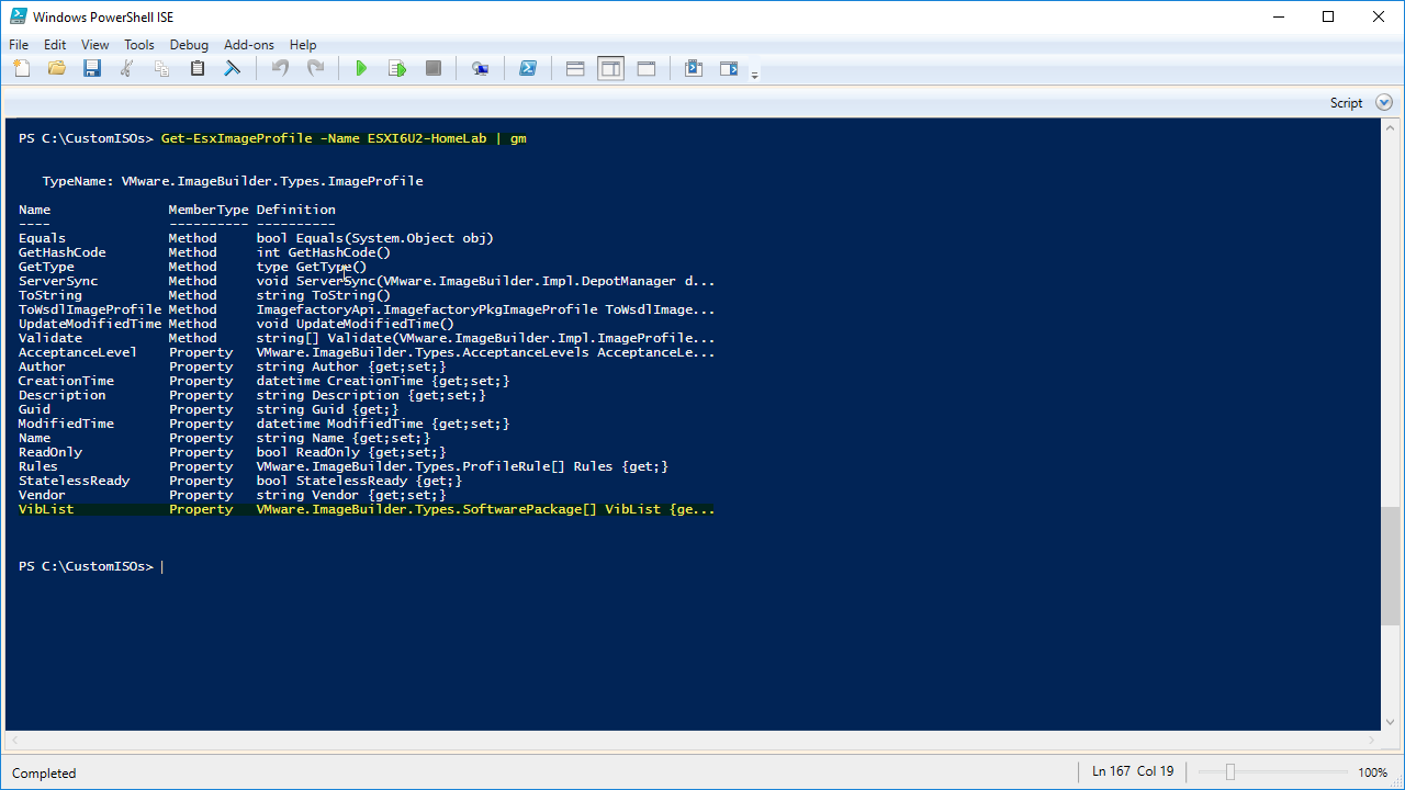 Screenshot of PowerShell ISE showing a command to get an ESXi image profile named "ESX6I2U2-HomeLab". The displayed output lists the methods and properties of the VMware Image Profile.