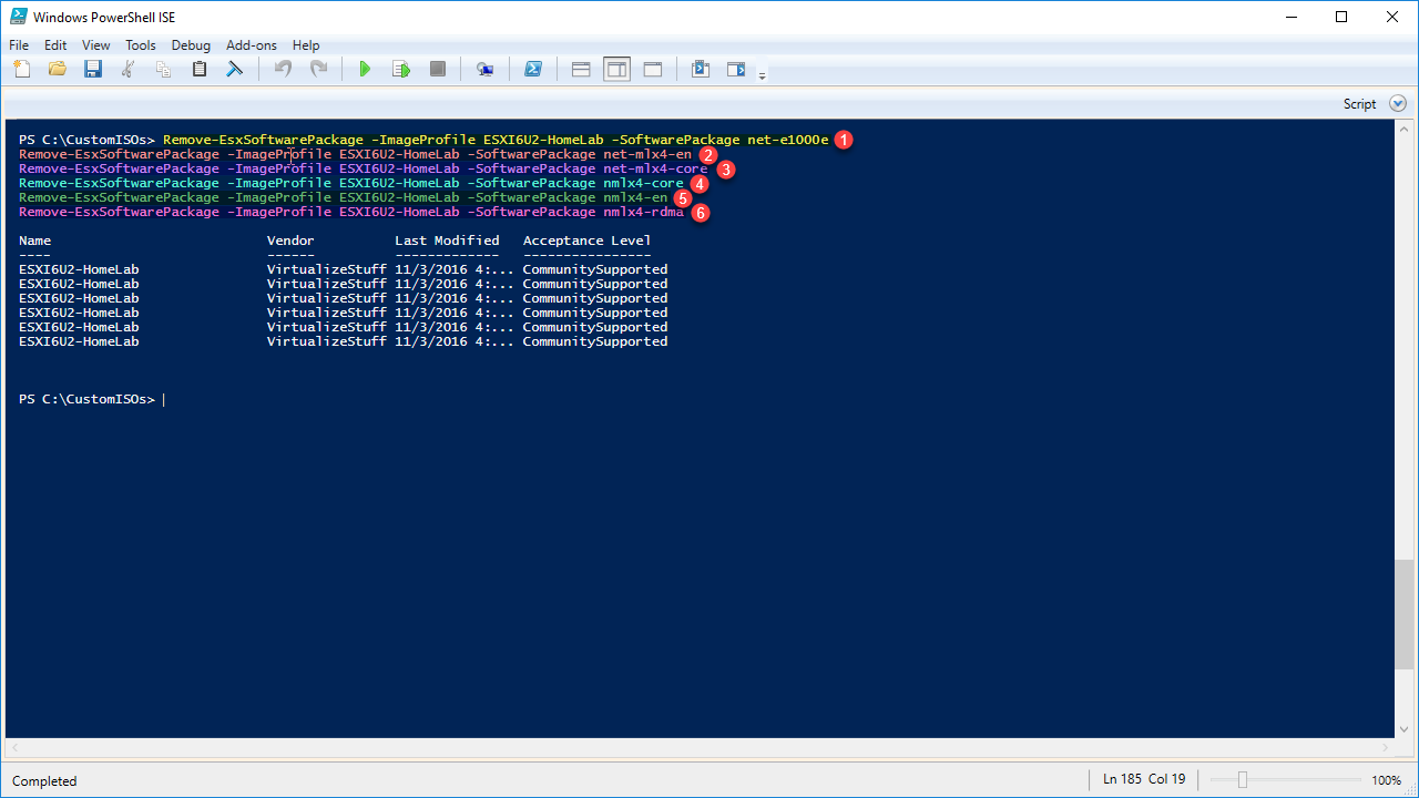 A PowerShell ISE window displaying a script with multiple "Remove-EsxSoftwarePackage" commands for an ESXI6U2-HomeLab. Errors are indicated by red markers. A table below shows the names, vendors, last modified dates, and acceptance levels of software packages.