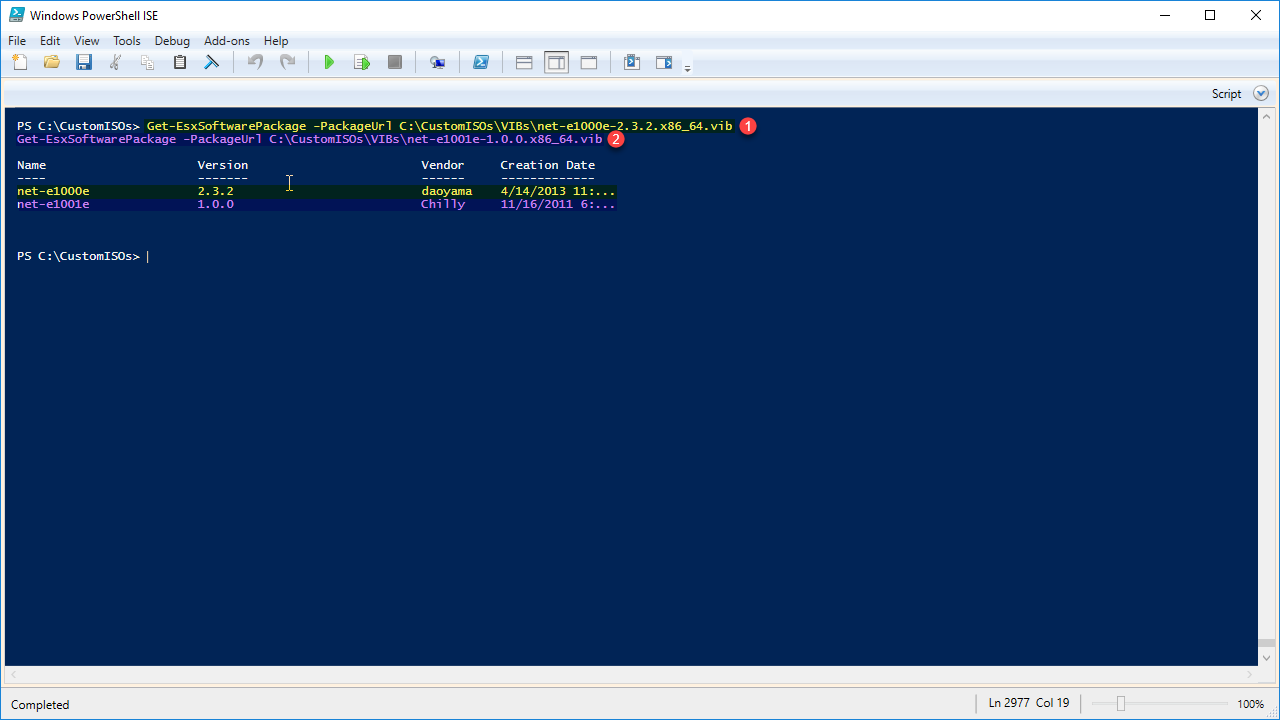 Screenshot of a Windows PowerShell ISE window displaying a command to get software package details. The output table shows names, versions, vendors, and creation dates of two packages.