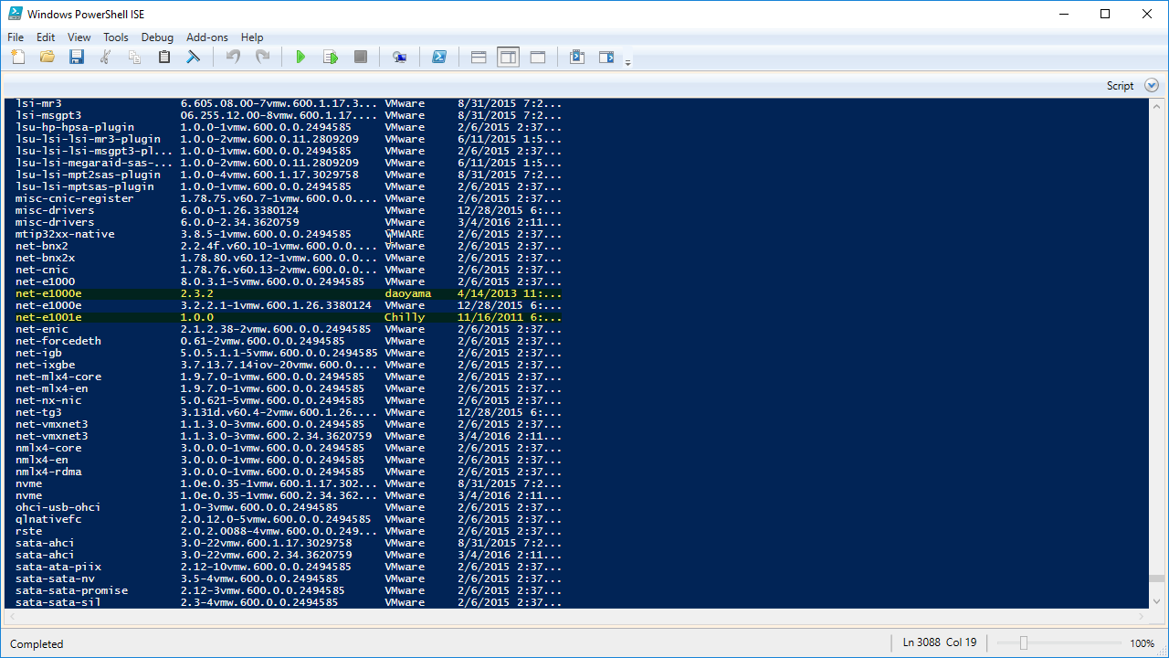 A screenshot of Windows PowerShell ISE displaying a list of VMware software components, versions, and release dates in a table format. Two lines are highlighted in green, showing different versions of the "net-e1000e" component with different providers and dates.