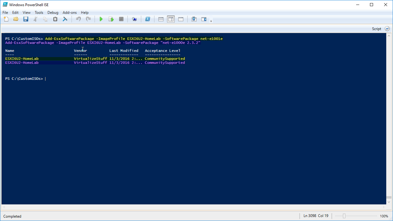 Screenshot of Windows PowerShell ISE showing a command to add a software package to an ESXi image profile, with details about the image profile and software package displayed.