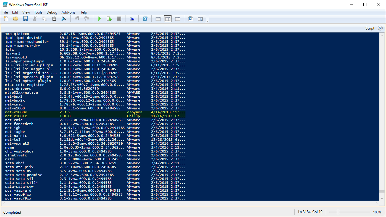 Screenshot of Windows PowerShell ISE displaying a list of network drivers and plugins with details such as version numbers, product names, dates, and vendors. Two lines are highlighted in yellow and green.