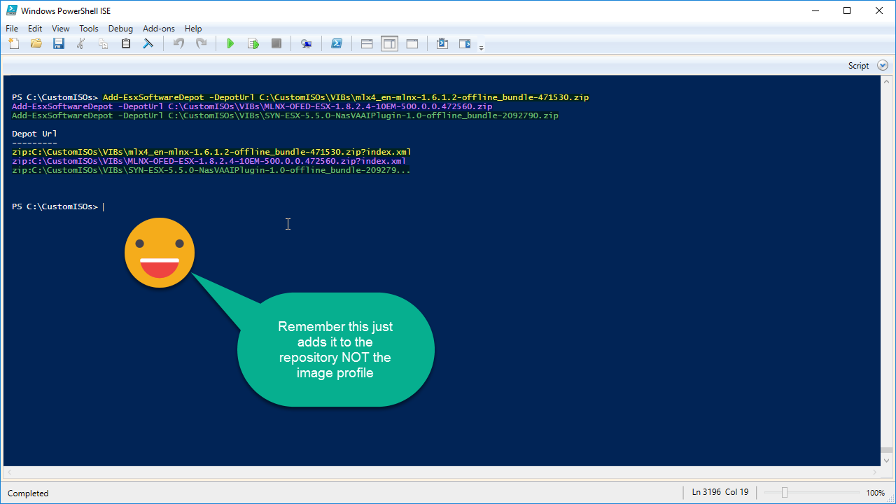 A PowerShell ISE window displays commands for adding software depots. There's a speech bubble from a smiley face saying, "Remember this just adds it to the repository NOT the image profile."