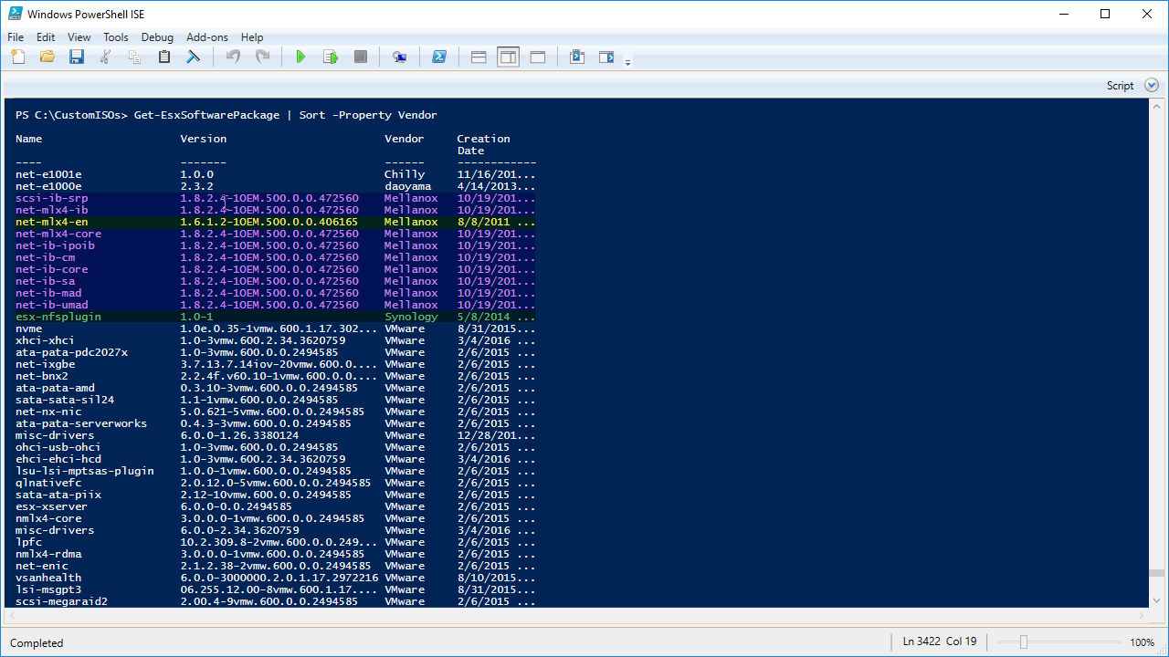 Screenshot of a Windows PowerShell ISE window displaying a command output. The command lists software packages, showing columns for Name, Version, Vendor, and Creation Date, with various entries from vendors like Mellanox and VMware.