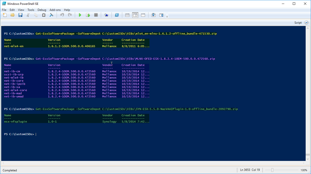 A Windows PowerShell ISE window displaying several commands for retrieving ESX software package details. Each command lists information such as the software package name, version, vendor, and creation date.