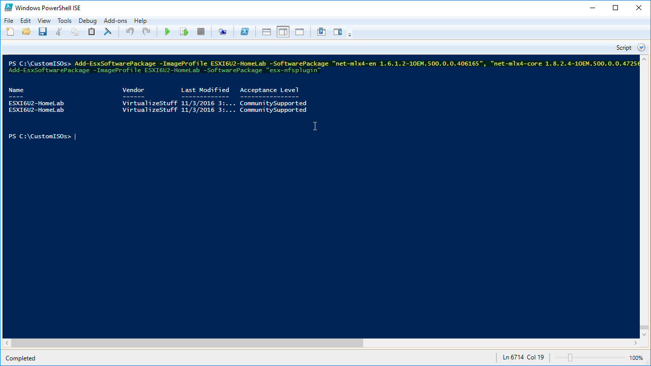 Screenshot of Windows PowerShell ISE showing commands for adding software packages to an image profile. The console window displays package details like name, vendor, last modified date, and acceptance level.