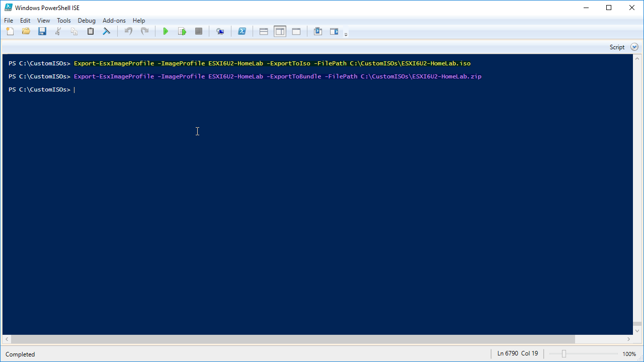 Screenshot of Windows PowerShell ISE showing commands for exporting an ESXi image profile to ISO and ZIP files.