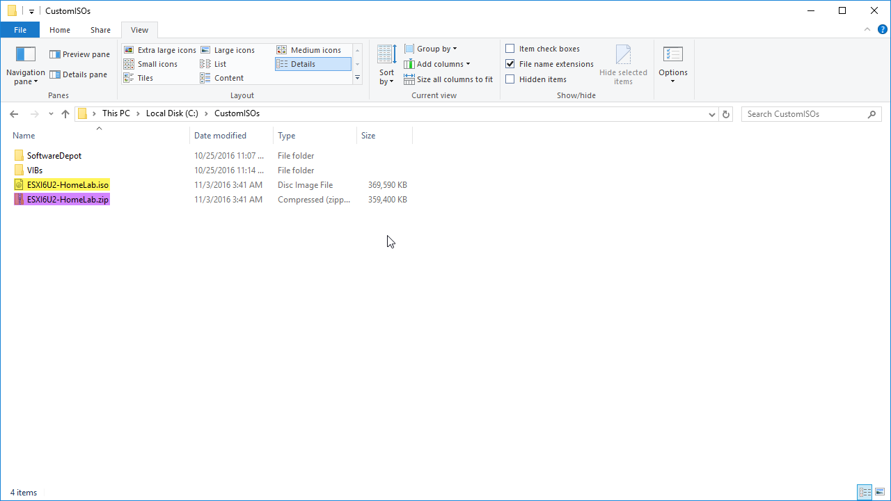 File Explorer window showing the "CustomISOs" folder, which contains two folders: "SoftwareDepot" and "VIBs," and two files: "ESXi6U2-HomeLab.iso" and "ESXi6U2-HomeLab.zip." The file extensions are visible.