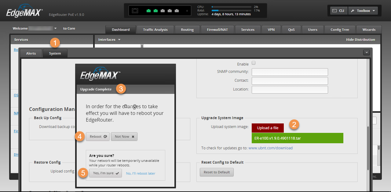 Screenshot of the EdgeMAX interface showing the system upgrade process. The page includes options to upload a system image file and confirm a reboot for changes to take effect. Sections for configuration management and system alerts are visible.