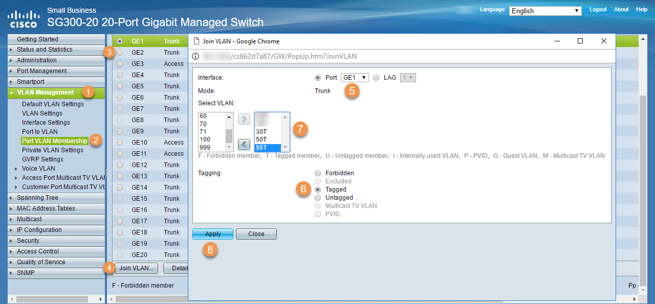 Cisco SG300-20 managed switch interface showing VLAN Management options. The Port VLAN Membership section is open, allowing configuration of port settings and VLAN tagging. Options include selecting Tagged, Untagged, or Forbidden for VLANs on the GE1 port. The VLAN list includes IDs 60, 70, 71, 100, and 999. The "Apply" button is visible.