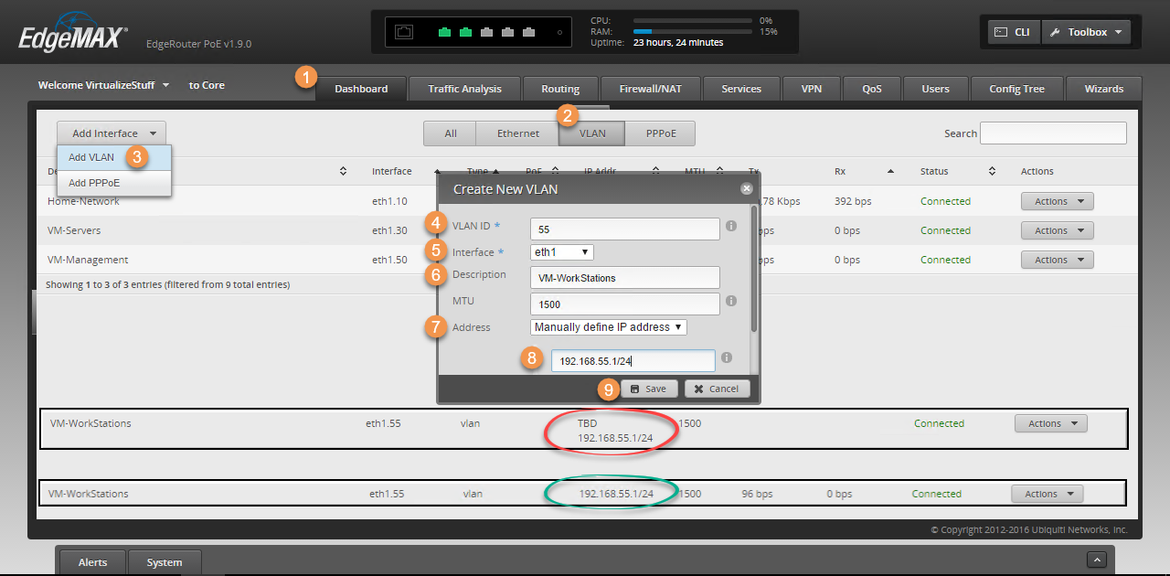 Screenshot of the EdgeMAX EdgeRouter interface showing VLAN configuration. The "Create New VLAN" window is open, displaying options to set VLAN ID, interface, description, MTU, and IP address. The background lists existing network interfaces with a newly created VLAN entry highlighted.