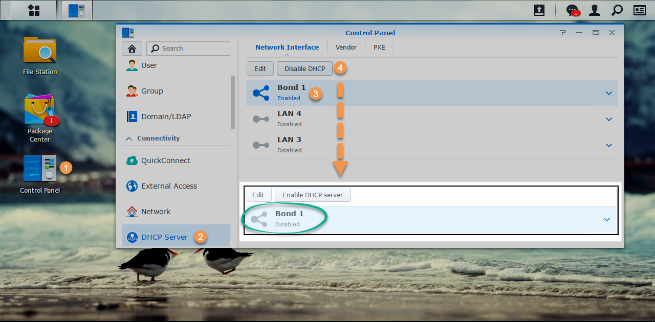 Screenshot of a network interface settings page on a computer desktop. The "Bond 1" network is shown, with options to edit and enable or disable DHCP. The desktop background includes application icons for File Station, Package Center, and Control Panel.