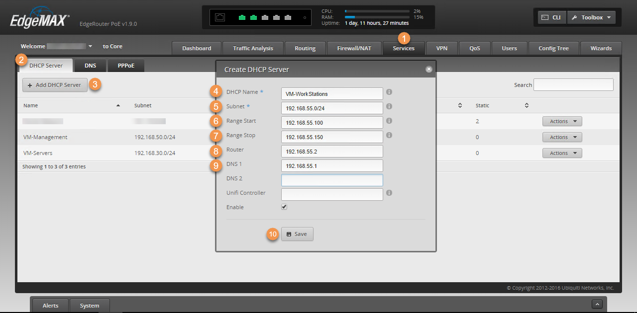 Screenshot of the EdgeMAX interface showing a "Create DHCP Server" window with fields for DHCP name, subnet, range start, range stop, router, DNS 1, DNS 2, and an enable checkbox. The background lists existing servers with associated subnets.