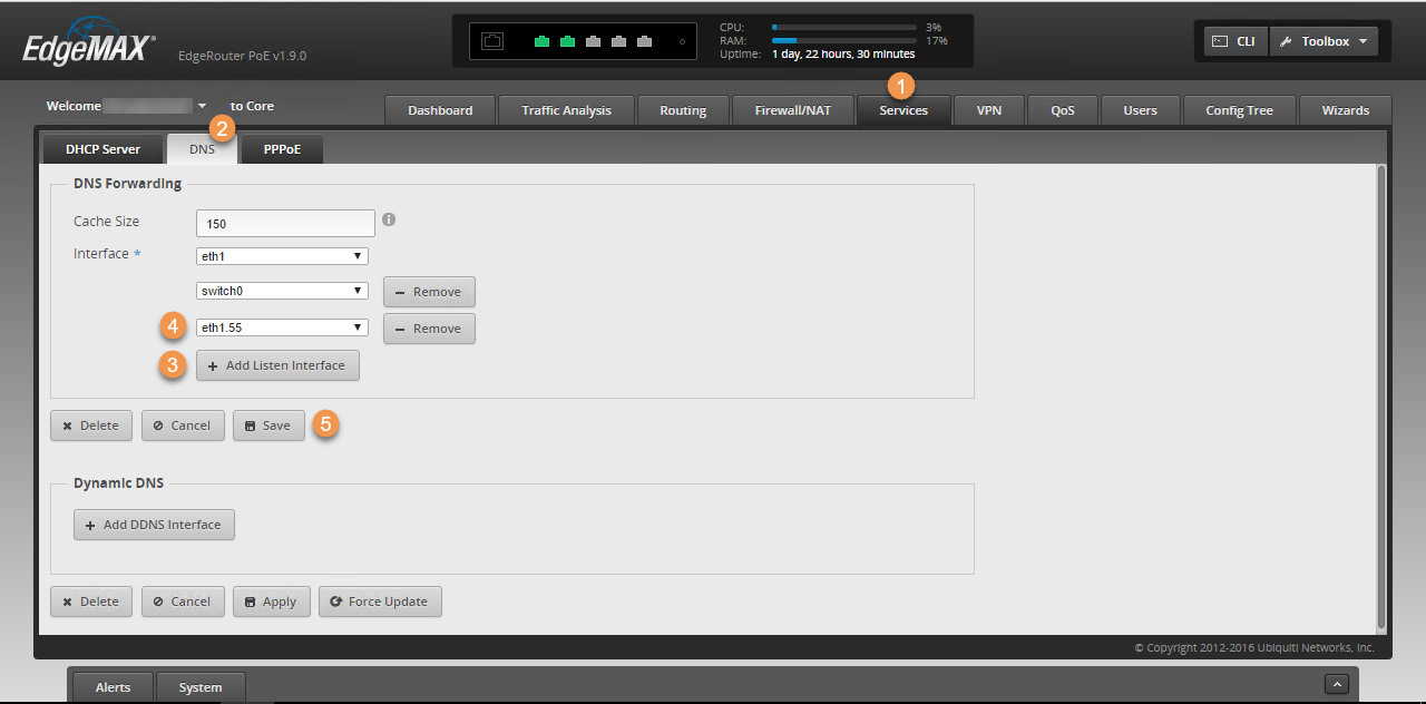 Screenshot of the EdgeMAX interface showing DNS settings under the Services tab. It includes options for DNS Forwarding, interface selections, and buttons to add, remove, save, or delete configurations. Dynamic DNS settings are also shown.