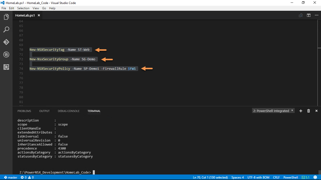 Coding session in Visual Studio Code displaying a PowerShell script with highlighted commands for creating NSX security tags, groups, and policies, indicated by orange arrows.