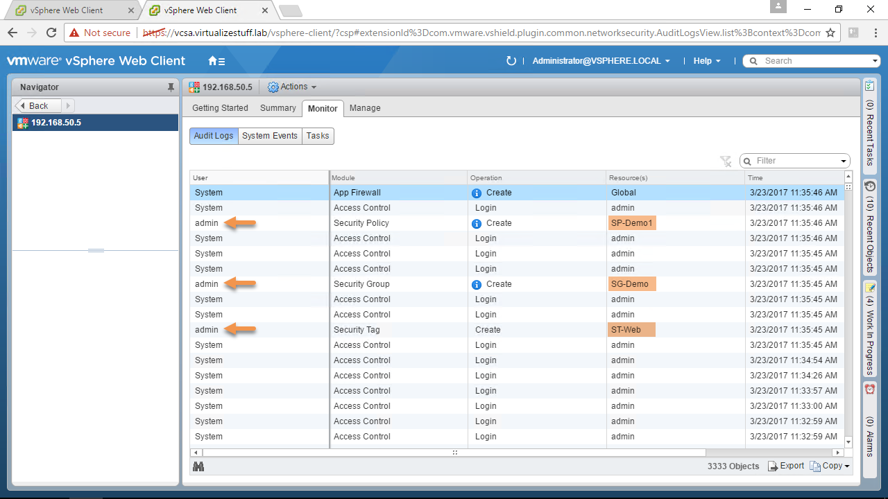 A screenshot of the VMware vSphere Web Client showing the "Audit Logs" tab under "Monitor." The log displays various user activities, focusing mainly on 'System' and 'admin' users with operations like 'Create' and 'Login' across different modules such as 'App Firewall' and 'Access Control.' The timestamps are from March 23, 2017.