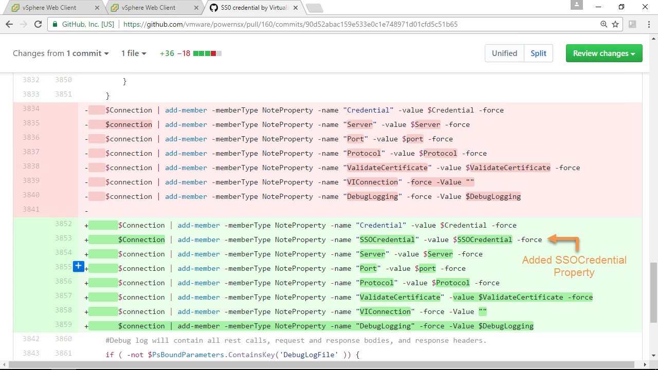 A GitHub pull request diff showing changes to a code file. Lines removed are highlighted in red, while added lines are in green. A new property, "SSOCredential," has been added, as indicated by an orange arrow and text annotation.