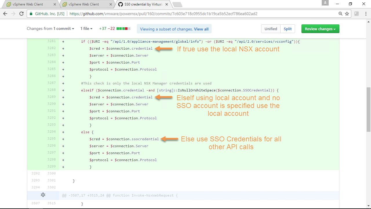 Screenshot of a GitHub webpage showing code changes related to NSX and SSO credentials. It includes conditional statements with comments explaining when to use local NSX account or SSO credentials. The interface displays a split view with added lines highlighted in green and arrows pointing to specific lines of code.