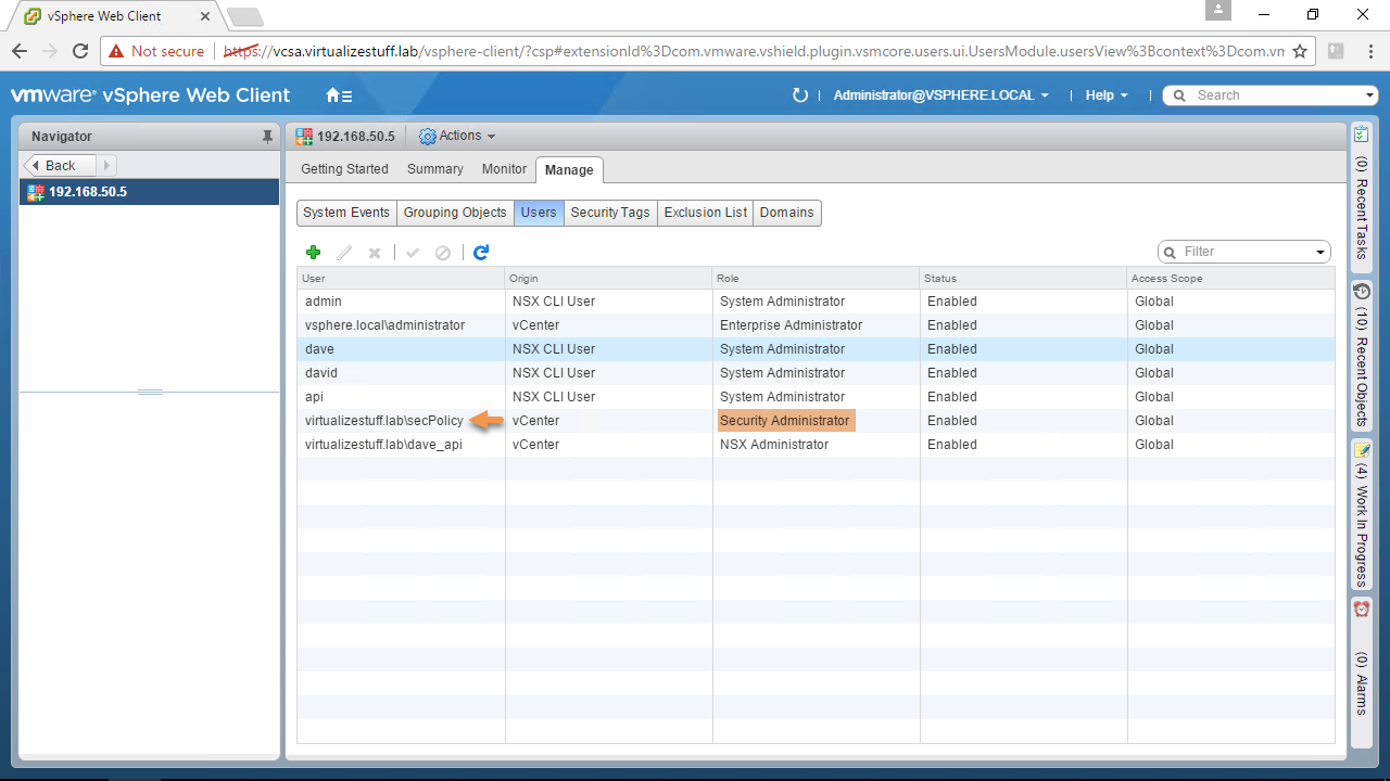 A screenshot of the VMware vSphere Web Client interface, displaying a list of users under the "Manage" tab. The list includes user names, their origin, role, status, and access scope. A row for "virtualizestuff.labecPolicy" user is highlighted, and a security administrator role is shown.