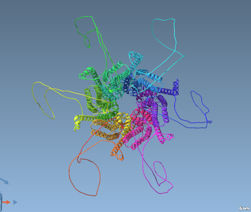 A 3D model of a protein structure with various coiled and looping strands, colored in a gradient from green to purple, set against a light blue background.