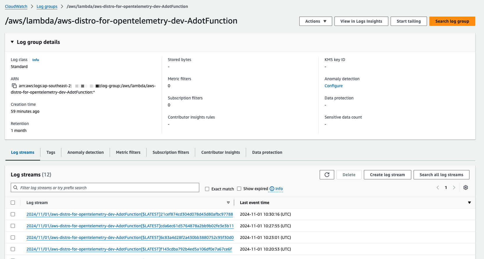 Screenshot of CloudWatch dashboard with correct logs created from function with aws distro for opentelemetry layer