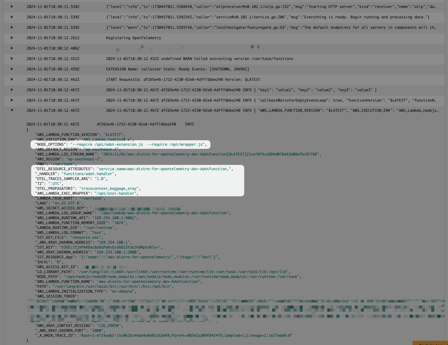 Screenshot of log event with OpenTelemetry configuration injected by AWS Distro for OpenTelemetry Lambda layer