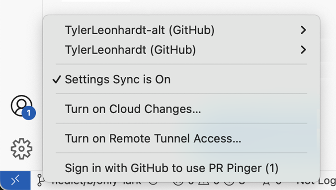 Um menu suspenso mostrando opções de conta do GitHub, status de sincronização de configurações e opções para habilitar alterações na nuvem e acesso remoto ao túnel. Um indicador de notificação mostra um novo alerta.