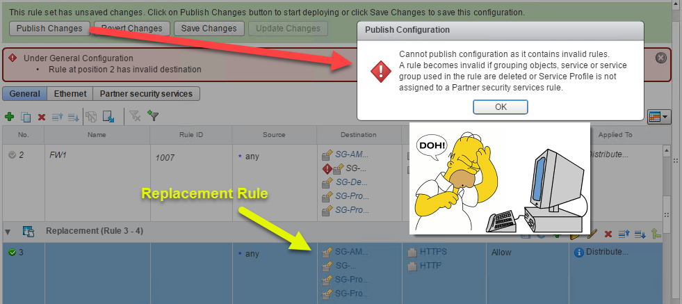 Screenshot of a configuration interface showing a warning message stating: "Under General Configuration - Rule at position 2 has invalid destination." An additional popup says: "Cannot publish configuration as it contains invalid rules." Below, there's a cartoon character expressing frustration while looking at a computer.