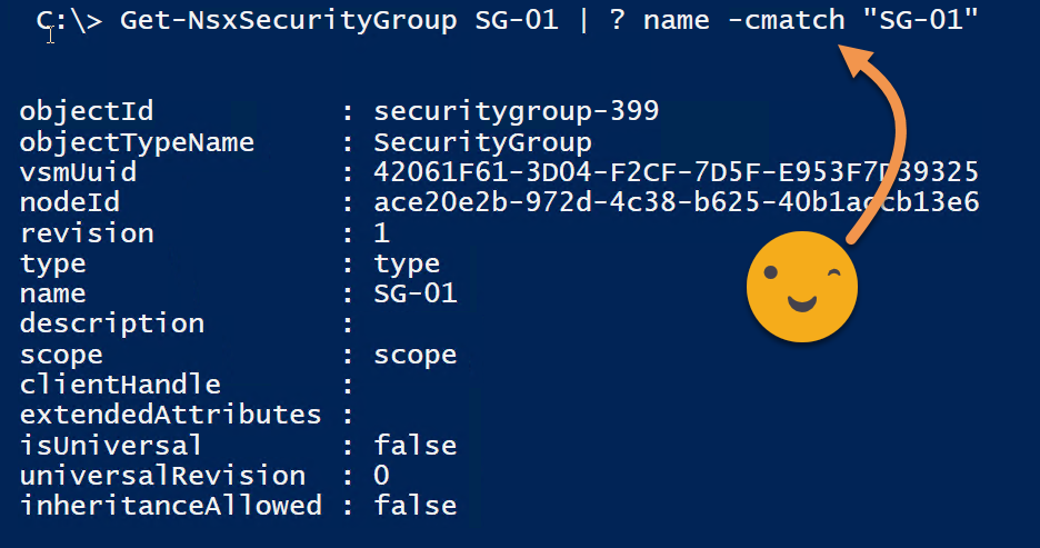 Command prompt displaying details of a security group named "SG-01" with a smiling emoji and arrow pointing to the name filter.