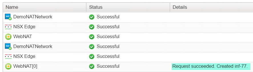 A table displaying network operations. The "Name" column lists items like DemoNATNetwork and NSX Edge. The "Status" column shows each operation as "Successful" with green checkmarks. The "Details" column notes "Request succeeded. Created inf-77" for the last entry.