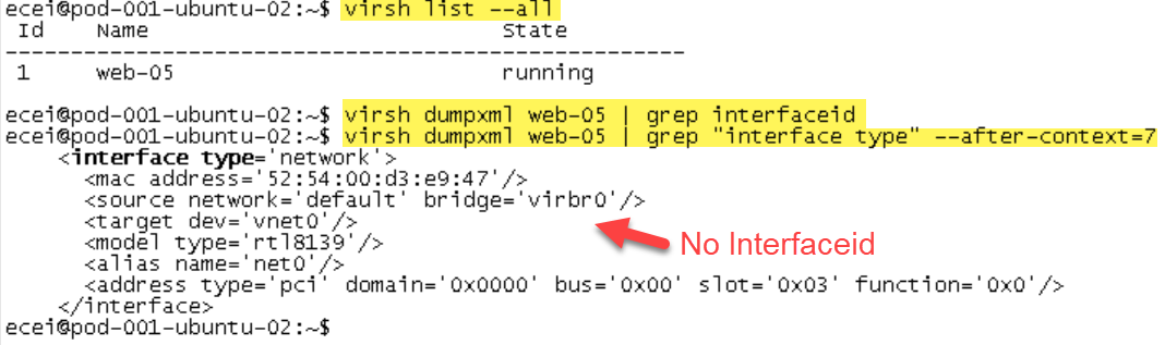 Terminal output showing a running virtual machine "web-05" with network interface details. A red arrow points to the absence of an "Interfaceid" line in the XML configuration.