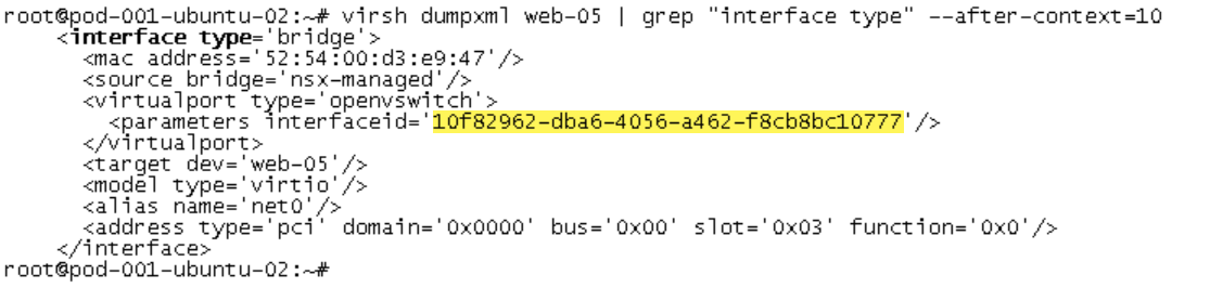 Terminal screenshot showing the XML configuration of a network interface. The interface is of type "bridge" with a MAC address, source bridge, virtual port, target device, model type, alias name, and PCI address details. The "interfaceid" is highlighted in yellow.