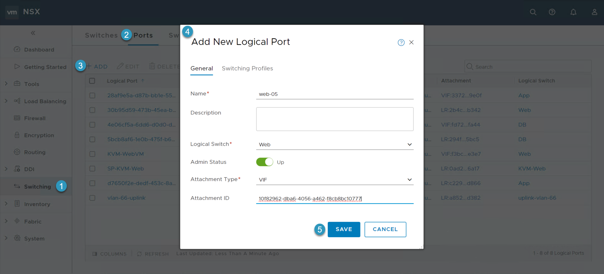 Screenshot of the "Add New Logical Port" dialog in a network management interface. It shows fields for Name, Description, Logical Switch, Admin Status, Attachment Type, and Attachment ID. The Logical Switch is set to "Web," Admin Status is "Up," and there are options to save or cancel.