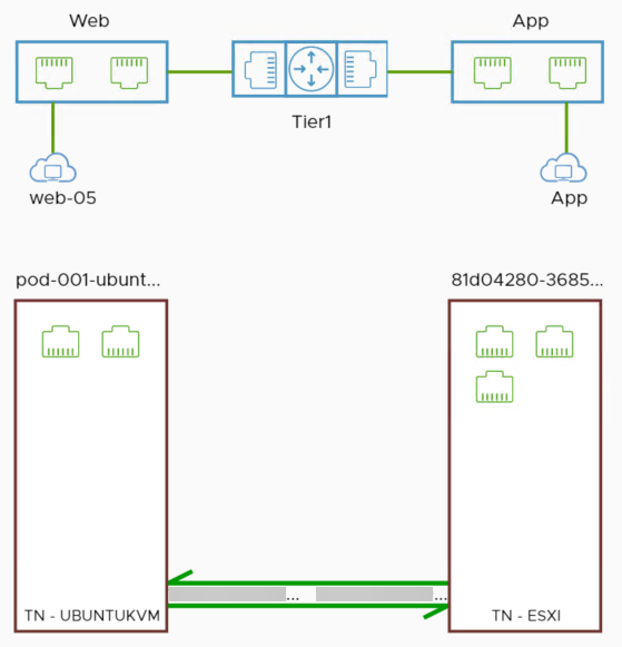 Network diagram showing connections between Web and App sections through a Tier 1 router. It includes two virtual machines, "pod-001-ubuntu" and "81d04280-3685" (TN-UBUNTUKVM and TN-ESXi), connected with a green link.