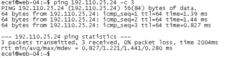 Terminal output of a ping test to IP address 192.110.25.24, showing 3 packets transmitted and received with 0% packet loss. Average round-trip time is 1.221 milliseconds.